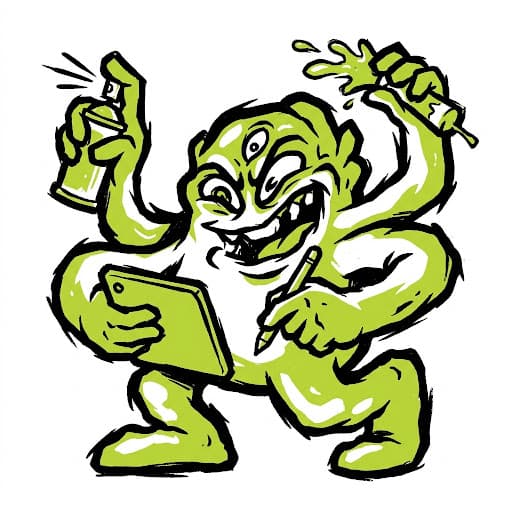 StitchStudio's green monster character drawing on a tablet